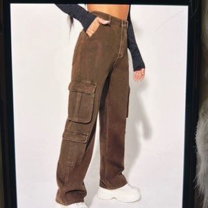 ~SHIEN High Waist Wide Leg Mocha Brown Flap Pocket Cargo